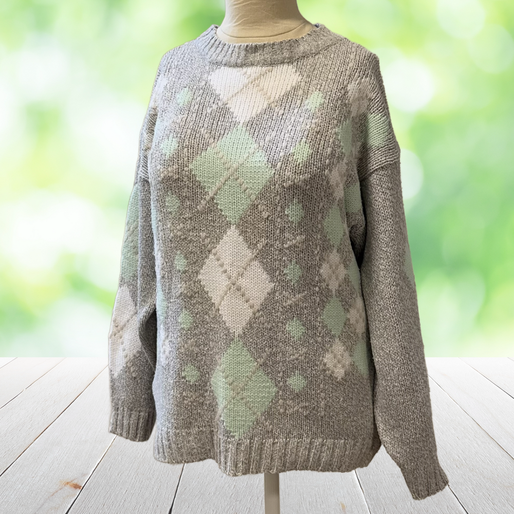 Vintage DIANE VON FURSTENBERG Argyle Sweater Silk Blend Preppy Gray Mint Size L